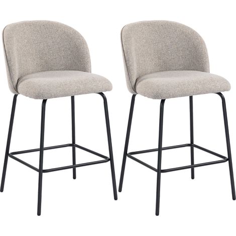 Lot de 2 tabourets de bar gris clair, avec dossier et repose-pieds, assise rembourrée, pieds en acier, pour îlot de cuisine et salle à manger