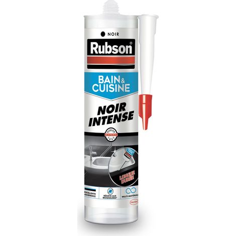 Rubson Mastic Bain & Cuisine Couleur Noir Intense, Joint silicone multi-matériaux renforcé en antifongiques, mastic sanitaire coloré, souple & étanche, Cartouche de 280 ml (1/5)