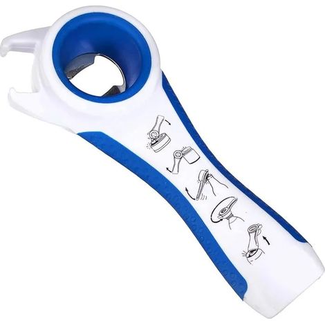 Ouvre-tout 5-en-1 : décapsuleur, ouvre-boîte, outil pratique quotidien. Poignée ergonomique pour droitiers et gauchers. Blanc et ble (1/4)