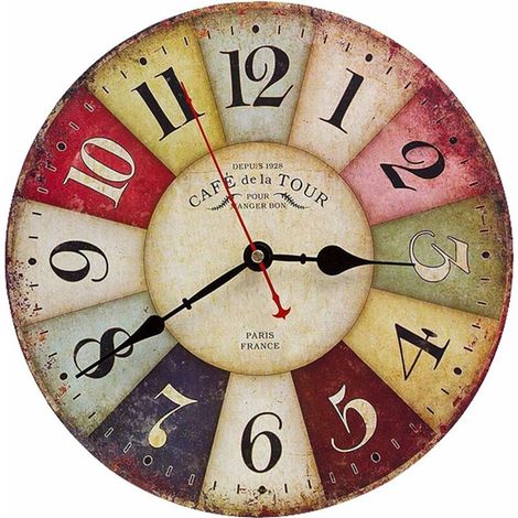 Reloj de pared de madera vintage colorido, silencioso, con esfera redonda retro, decoración rústica de estilo toscano para sala de estar, dormitorio, oficina, hogar, cafetería, bar, 30 cm (pilas no in (1/5)