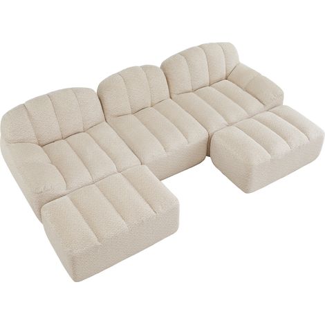 Divano modulare a U 3 posti con 2 pouf, in schiuma ad alta densità 32D, tessuto morbido beige bianco (1/5)
