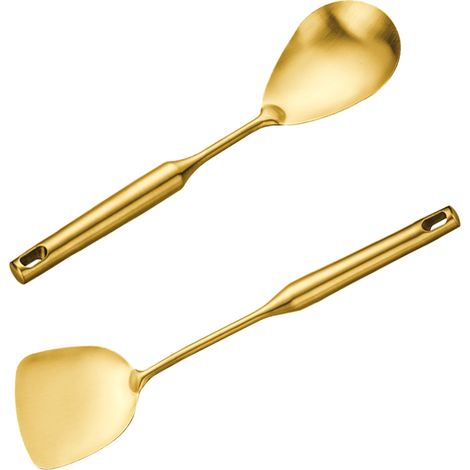 Cuillère À Faire Frire - Spatule Cuisine - Acier Inoxydable Revêtement Titane - Pour Cuisinières Électriques Et Gaz - 2 Pièces (1/5)