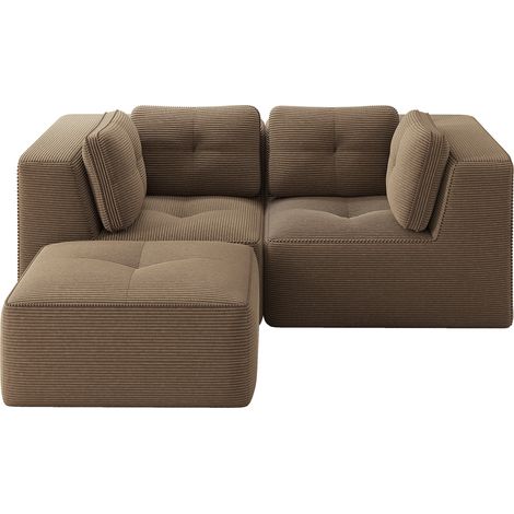 Canapé d'angle modulable en velours côtelé marron avec repose-pieds mobile, 2 places, design sans cadre (1/5)