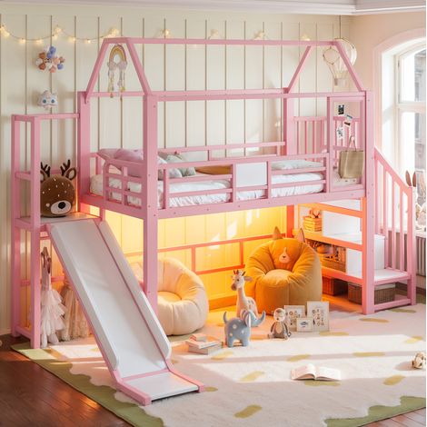Lit mezzanine enfant rose en métal avec toboggan et LED Bluetooth 90 x 200 cm (1/5)