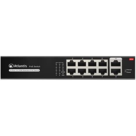 Atlantis Switch PoE 10 Porte 10/100Mbps 8 Porte PoE 115W 30W Per Porta VLAN Extended 250M Rack 19" Desktop Metallo A02-F10P8-120W (1/4)