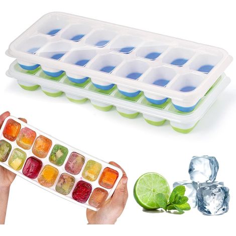 Zwei Silikon-Eiswürfelformen mit Deckel, quadratische Eiswürfelformen zum einfachen Entformen, 1 grüne + 1 blaue. (1/5)