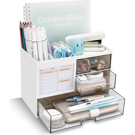 Organizador de escritorio con 3 cajones, portalápices multifuncional, blanco. (1/5)