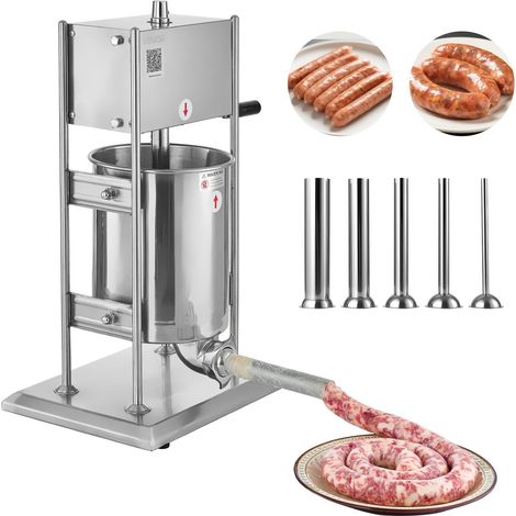 Poussoir à Saucisses Manuel Capacité 10 L, Machine à Saucisses Verticale en Acier Inoxydable, Ensacheuse à Double Vitesse, avec 5 Tubes de Remplissage, pour Cuisine, Domicile, Restaurant (1/5)