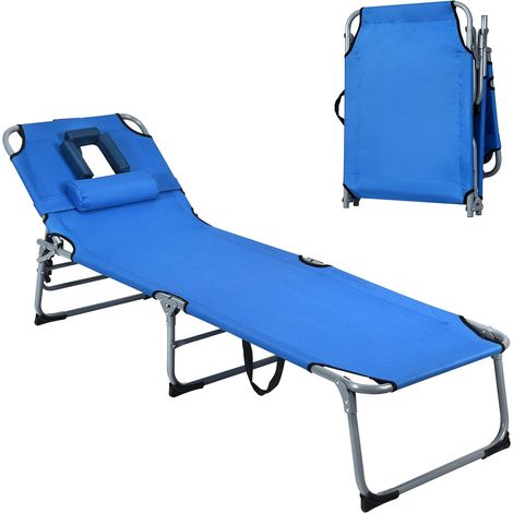 COSTWAY Lettino Prendisole Pieghevole, Sedia a Sdraio da Giardino con Foro per il Viso e Cuscini, Schienale Reclinabile, per Spiaggia Patio Piscina (Blu) (1/5)