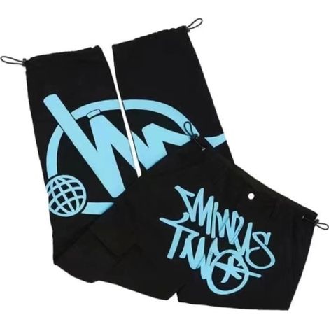 Pantalon Cargo Taille Haute Noir et Bleu, Jogger Urbain à Poches, Coupe Décontractée, Tissu Souple, Taille S, Lot de 1, Pantalons de Travail Streetwear (1/5)