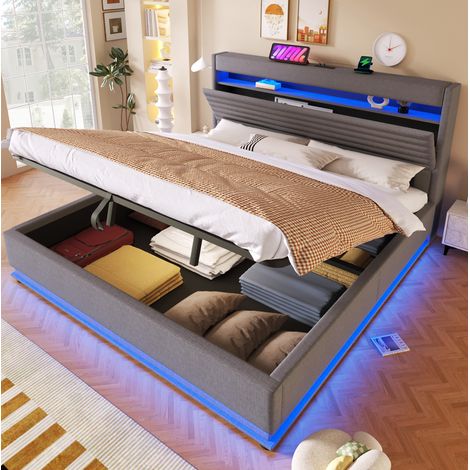 lit adulte rangement 180x200 lin gris LED hydraulique HAVRYA (1/5)