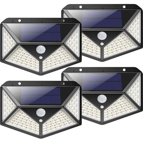 Lot de 4 lampes solaires extérieur 100 LED avec détecteur mouvement, éclairage jardin sans fil 3 modes (1/5)