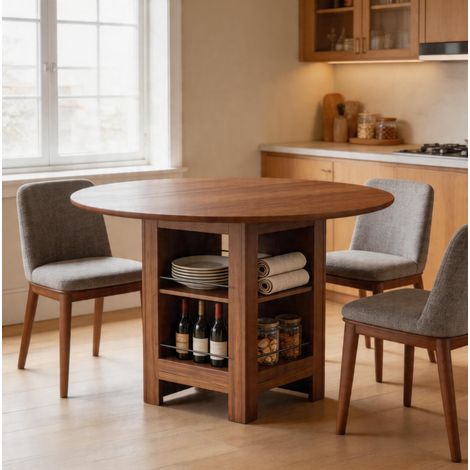 Mesa de Comedor Redonda con Compartimentos Abiertos, Tablero Efecto Nogal, para Cocina y Comedor, 100×76 cm (1/5)