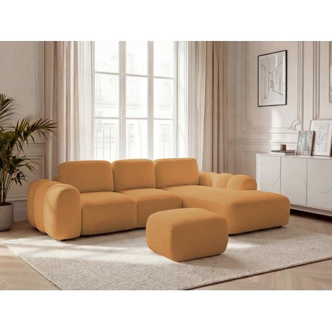 BOBOCHIC - Canapé d'angle convertible coffre grande méridienne MONTAIGNE tissu bouclette avec pouf Angle droit  Jaune