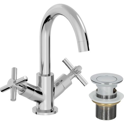 Bathroom Mono Basin Mixer Tap Waste Modern Cross Head Handle (1/5)