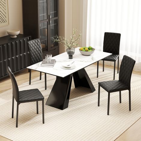 Lot 4 chaises salle à manger cuisine capitonnage rhombique pieds métal 41x50x91 noir (1/5)