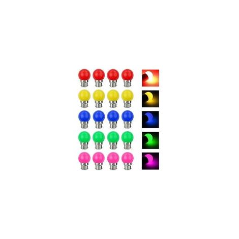 Lot de 20 ampoules LED décoratives B22 (baïonnette), 3 W, forme G45, multicolores (rouge, jaune, bleu, vert, violet), équivalent 5 W, idéales pour guirlandes extérieures, décoration festive et veilleu (1/5)