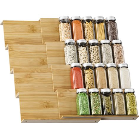 Lot de 8 étagères à épices de tiroir - Système de rangement extensible de 30 cm à 60 cm - Pour cuisine, armoire, plan de travail (naturel) (1/5)