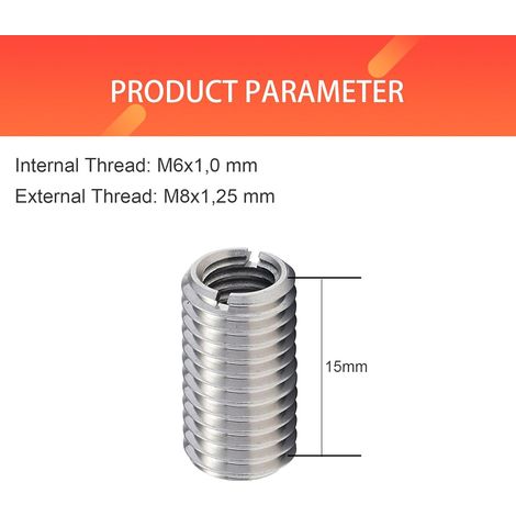 M8 a M6 x 15mm 10pz Inserto filettato in acciaio inossidabile Vite metrica Strumento di riparazione filettatura interna per automobili, turbine a vapore, elettrodomestici meccanici (1/4)