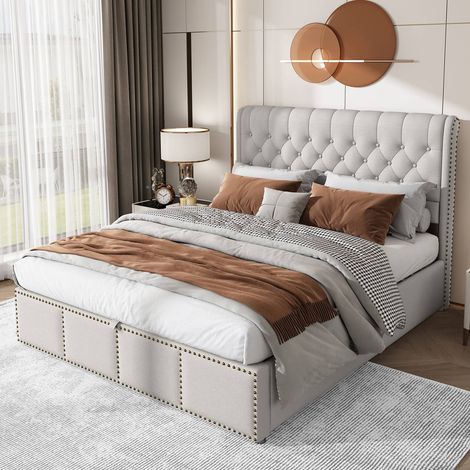Lit capitonné en coton-lin 140 x 200 cm, avec hydraulique, rangement sous le lit, décoré de clous, sans matelas (1/5)