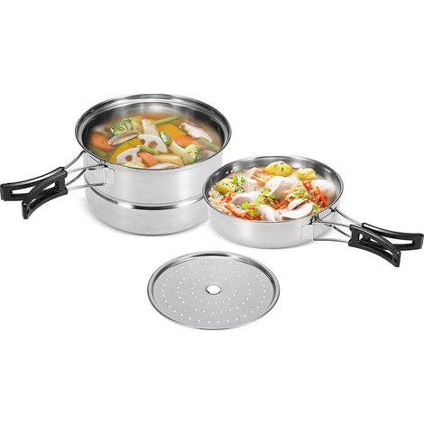 Lot de 3 Ustensiles de Cuisine Camping, Casserole Inox, Poêle, Cuiseur Vapeur