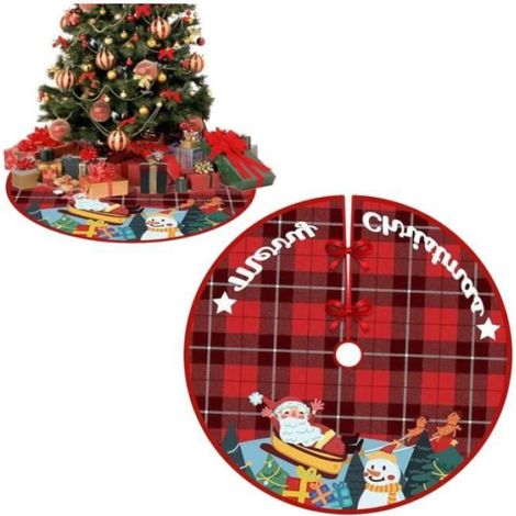 Jupe Sapin de Noël - Décoration Noël - Tapis Rond - Tissu Brossé - 90cm - Plaid Noir et Rouge (1/3)