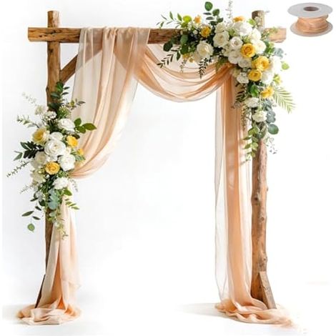 Wedding Decor Rideau de croix : 2 panneaux en tulle rose (75 x 600 cm), polyvalent comme rideau, fond et décoration, idéal pour arche de mariage, photographie et fête de jardin (champagne) (1/5)