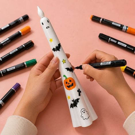 Neue LED-Stabkerzen mit Sensor – Gruselige LED-Lichtsensor-Kerze zum Selbermachen für Halloween – 1 Kerze + 1 gelber Stift + 1 schwarzer Stift + 1 grüner Stift + 1 oranger Stift – Fernbedienungsversio
