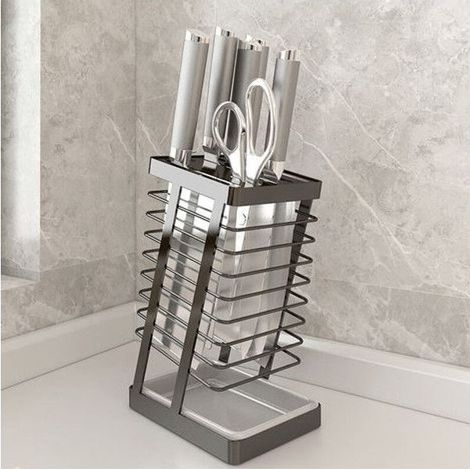 Porte-Couteaux Cuisine en Acier Inoxydable 304 – Support Universel avec Bac d'Égouttage et Fente pour Ciseaux Noir (1/4)
