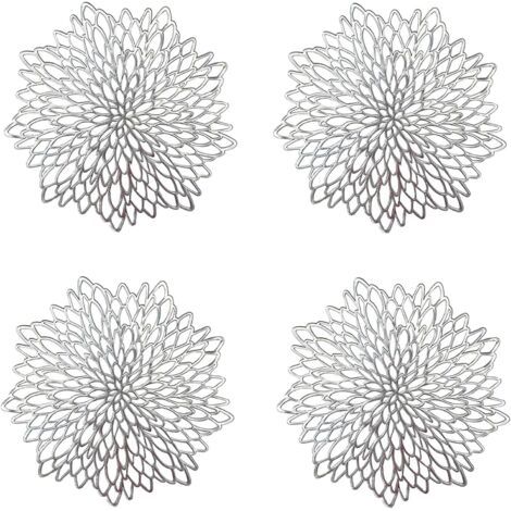 4 Pièces Napperon de Table Argent, Set de Table Rond évidé, Napperons Ronds Tapis de Table en Plastique, Utilisé pour L'isolation Thermique de L'assiette et de la Décoration de Table (