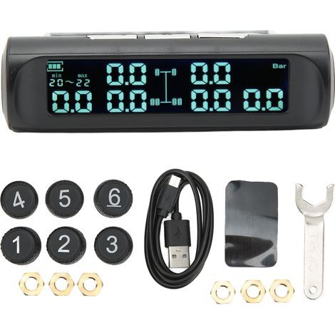 Système de Surveillance de la Pression des Pneus TPMS Solaires sans Fil, Haute efficacité et Longue Durée de Vie de la Batterie, Affichage en Temps Réel avec 6 Capteurs Externes (1/5)