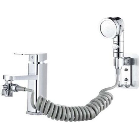 The tap is connected to a three-speed shower, a washbasin shower, and a four-piece silver set with grey hoses. (1/4)
