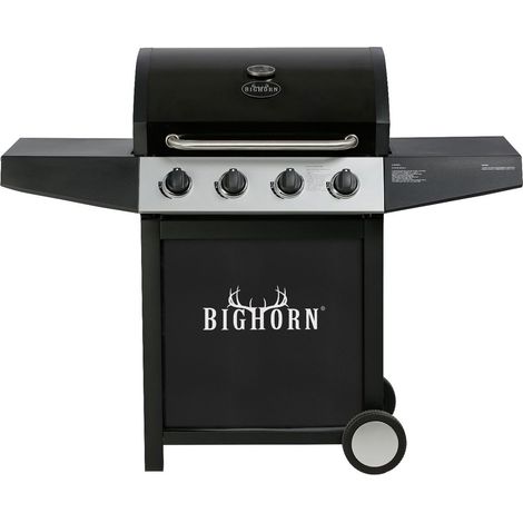 Barbecue à gaz 4 brûleurs 11.7kW sur chariot – Grille en porcelaine noire – Système d'allumage Piezo – Surface de cuisson 3236,45 cm² – Bighorn
