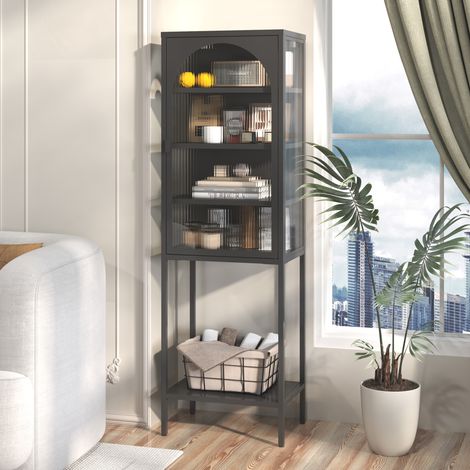 Buffet vitré 50x35x160 cm en métal et verre noir, avec rangement moderne pour salon FloraGrace (1/5)