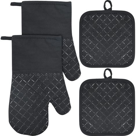 Applicable Ensemble de 4 Gants de Four et Manique, Gants de Four Résistants à la Chaleur 300 ° C Gants de Four Antidérapants, Mitaines de Four Gants de Cuisson de Cuisine Gants de Cuisine (Noir) (1/5)
