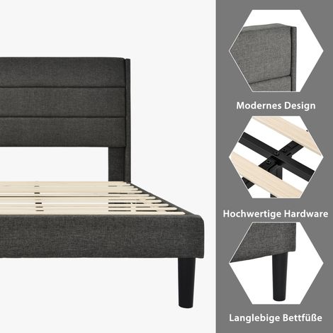 Cadre de lit matelassé 90x200 cm, sommier à lattes et tête de lit inclus, lit double gris en lin, design moderne intemporel, lit pour adolescent (1/5)