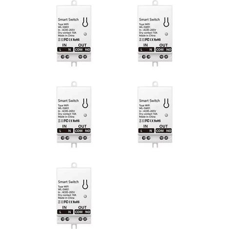 Lot de 5 modules de contact sec Tuya Smart WiFi 10 A, relais disjoncteur universel pour la maison, compatible avec Smart Life et Alexa, 85-265 V CA. (1/5)