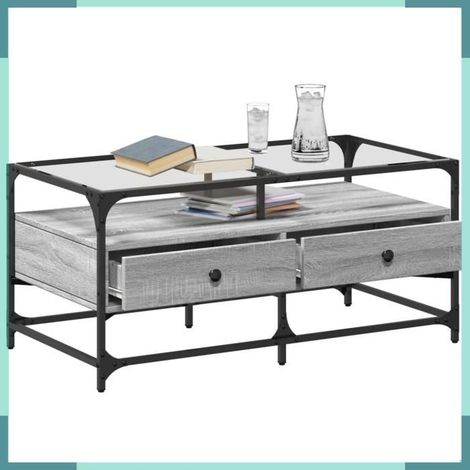 Table basse - 846047 - dessus verre - sonoma gris aspect bois - structure métal & panneaux 98,5x50x45 cm (1/5)