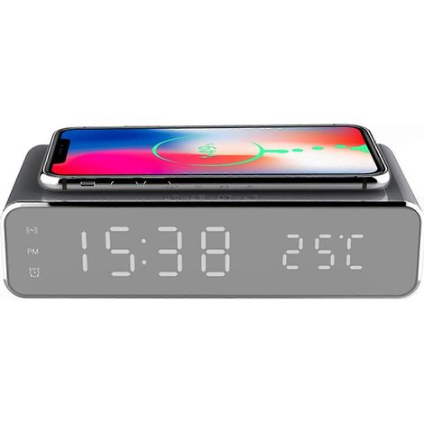 Réveil électrique LED avec thermomètre numérique, horloge miroir HD et chargeur sans fil pour téléphone. (1/4)