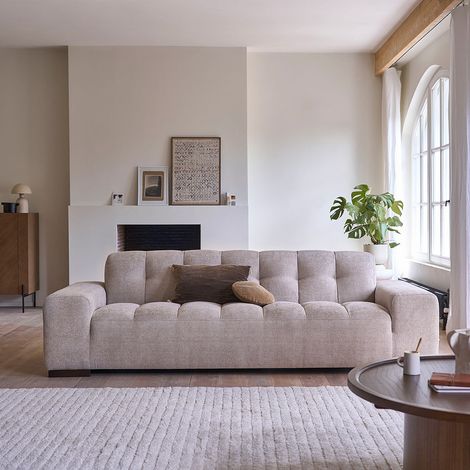 Canapé droit 4 places en velours tressé beige (1/5)