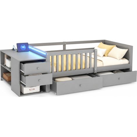 Lit mezzanine enfant 90 x 200 cm avec bureau, rangements séparés, LED, prise intégrée, doubles tiroirs, étagères ouvertes et barrière semi-ouverte gris - CHICFURN (1/5)