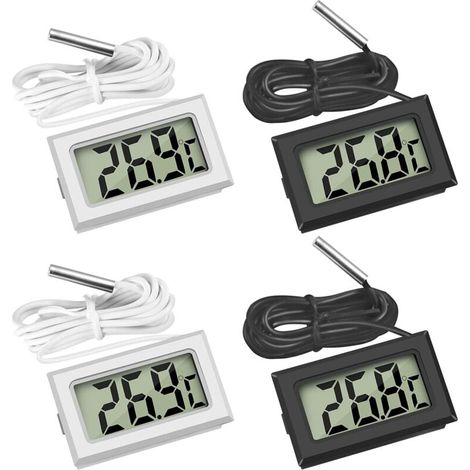 4-teiliges Kühlschrankthermometer, digitales LCD-Thermometer mit wasserdichter Sonde für Kühlschrank, Gefrierschrank, Aquarium (2er-Pack Schwarz und 2er-Pack Weiß)