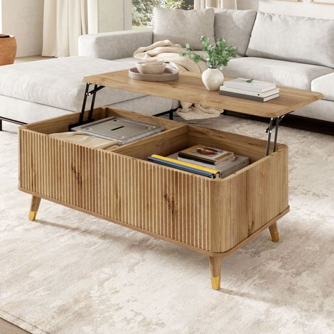 Table basse moderne rétro – Plateau relevable réglable en hauteur – Structure ondulée – Pieds bois massif – Idéal pour salon et petit appartement – 97×52×56,5 cm – Naturel (1/5)