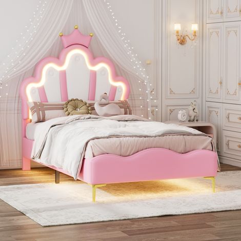 HYTKKBD–Kinderbett Polsterbett 90x200cm,Prinzessinnenkronen-Kopfteil und Verstellbarer LED-Lichtleiste,Mädchenbett,Jugendbett Skandinavischer Stil,PU-Leder, Rosa(Ohne Matratze)