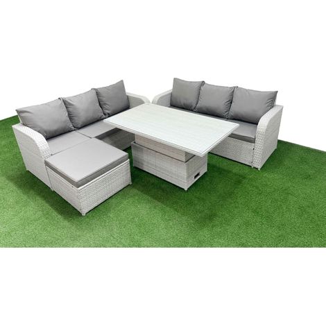 Fimous Outdoor Garden Furniture Sets 7 Seater Wicker Rattan Furniture Sofa Sets with Adjustable Lifting Dining or Coffee Table high Back Lounge Sofa Big Footstool Light Grey (1/4)