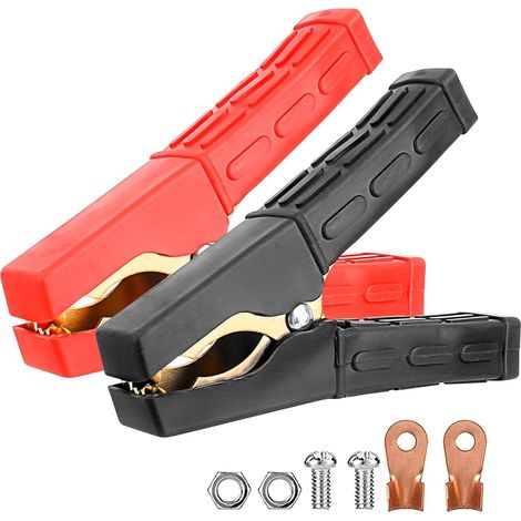 2 pièce Pince Crocodile en Cuivre, Pince Batterie Voiture, Cable Pince Crocodile avec Gaine Isolante, Pinces à Code Couleur, pour Auto Urgence Voiture Camion Fourgon (1/5)