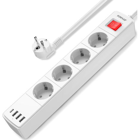 Une réglette de 4 Prises avec 4 Ports USB, avec Une Puissance maximale de 4000W et 16A. Elle Comprend Une Prise USB-C,Blanche. (1/5)