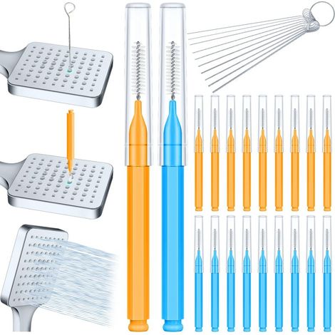 Kit de limpieza de doble acción para cabezales de ducha, limpieza de orificios y boquillas de ducha, 20 cepillos + aguja de 10 vías (27 g) (1/5)