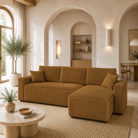 AMBRI - Canapé d’angle convertible en velours côtelé - 4 places - 235 cm - Jaune (1/5)