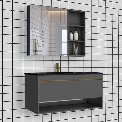 Waschtisch mit Unterschrank 80cm Tischplatte Schwarz Gold Marmor